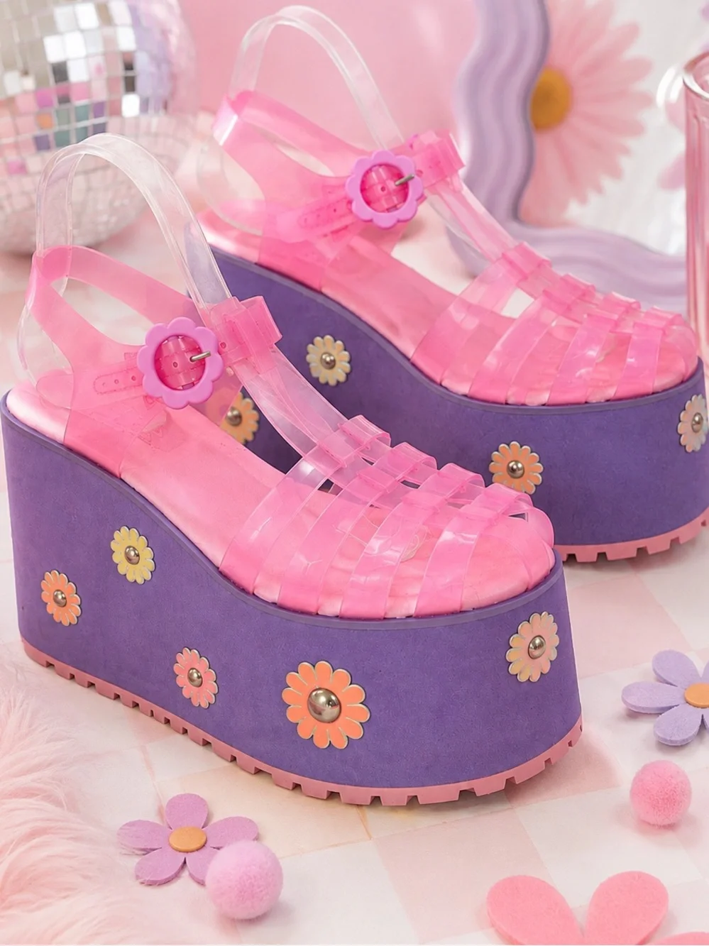 Sugar Thrillz Pink Jelly Platform Sandals Purple Daisy Flower Festival Y2K Sz 9M